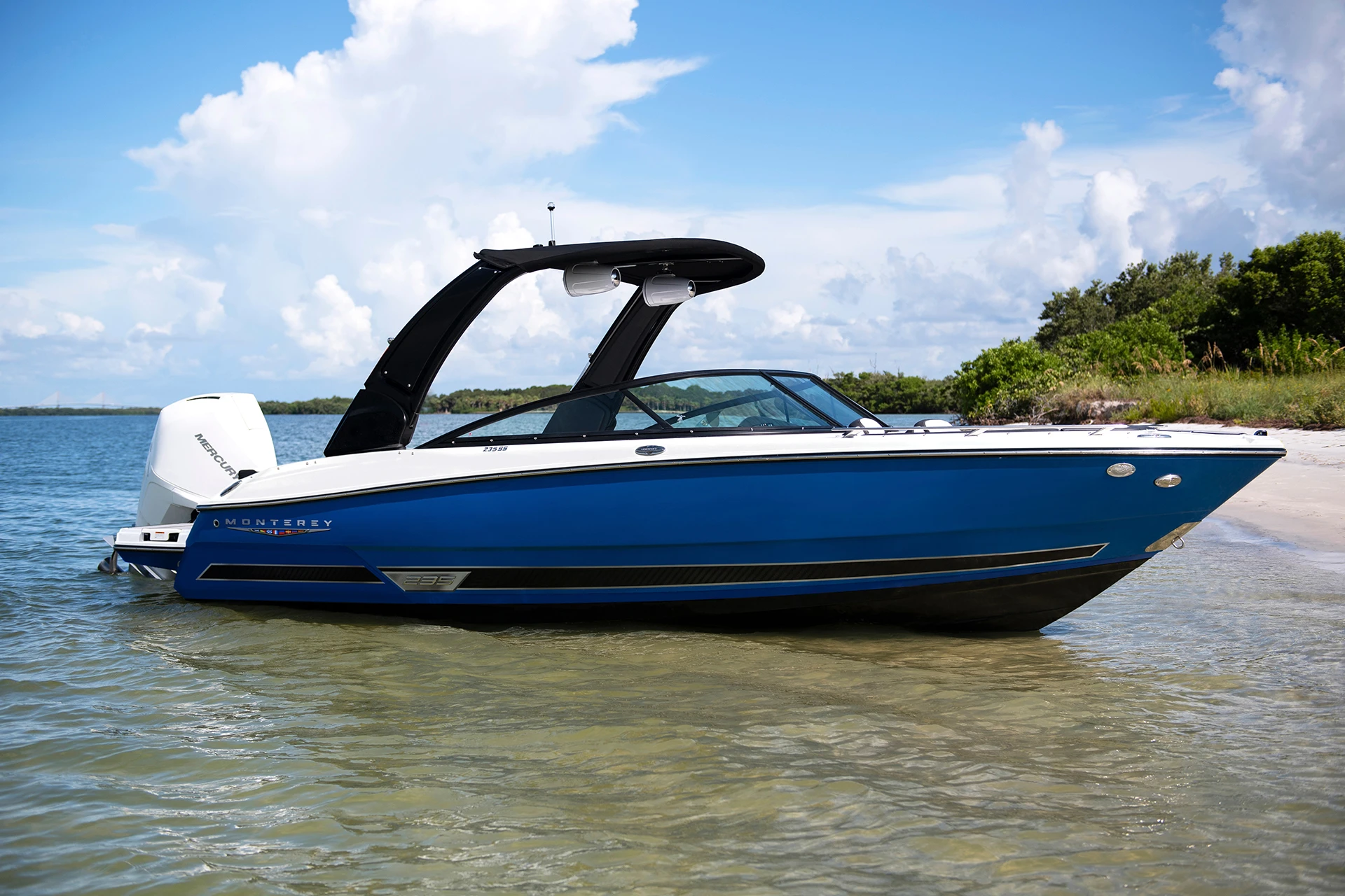 Monterey 235SS with blue hull and white Mercury outboard resting at shoreline, black wakeboard tower overhead