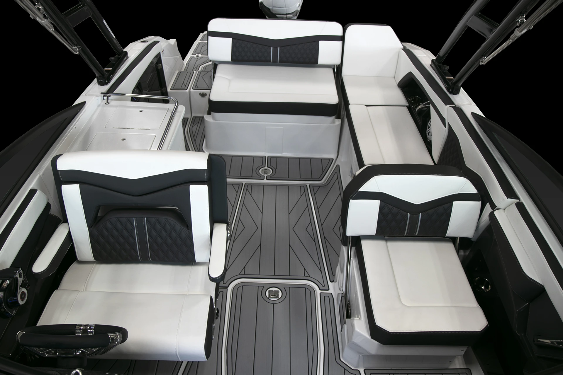 Overhead view of the 255SS cockpit with multiple bench seats, diamond-stitched upholstery, and gray non-skid flooring.