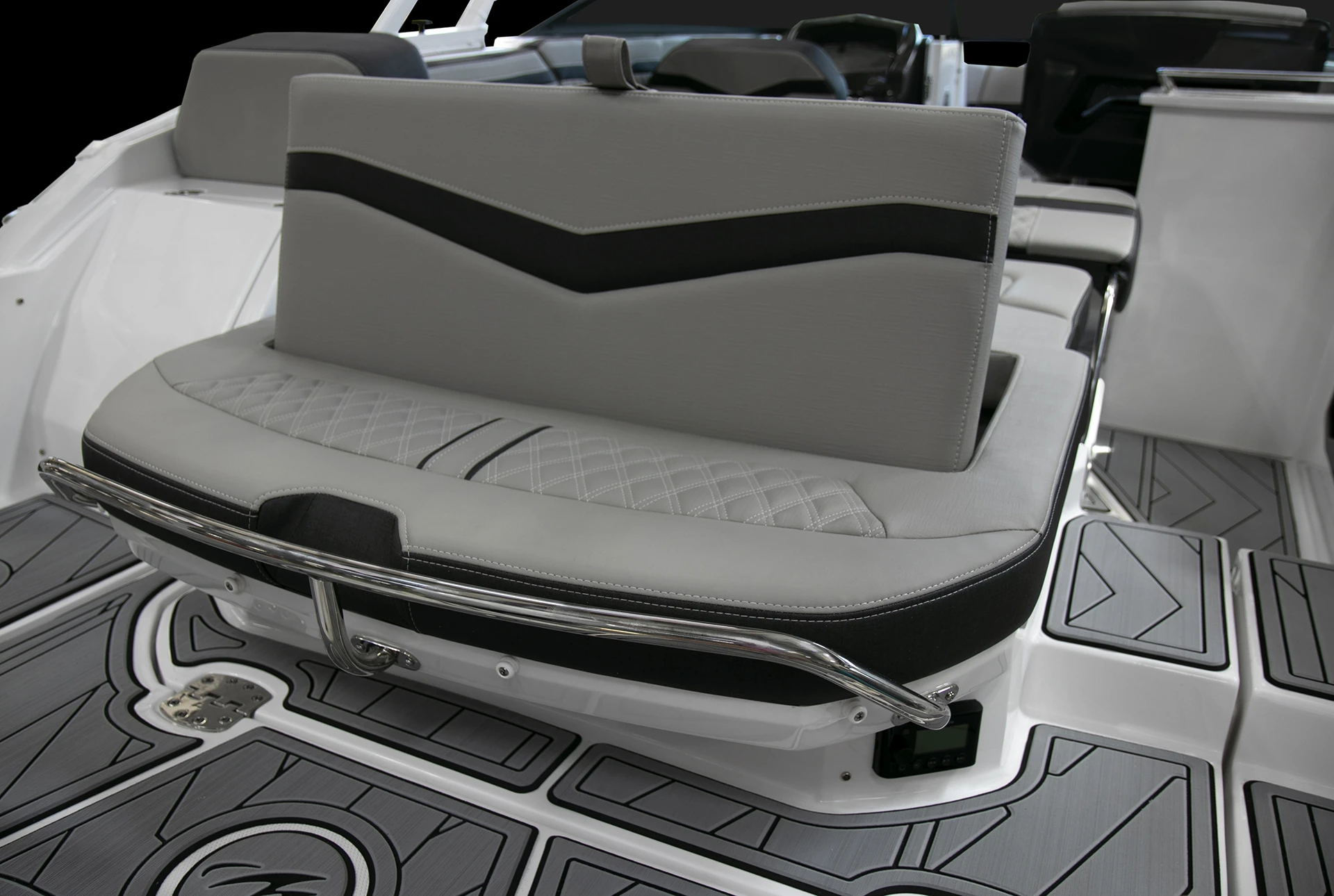 Close-up of the convertible aft bench seat on the Monterey 258SS in an upright position