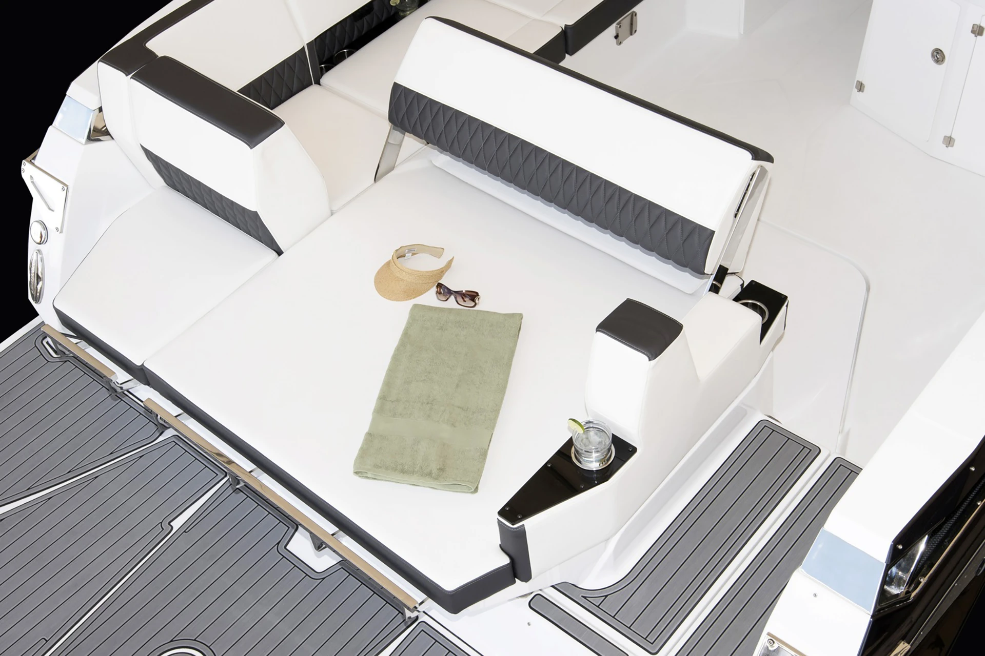 Aft sun lounge with bench seating on Monterey 378SS