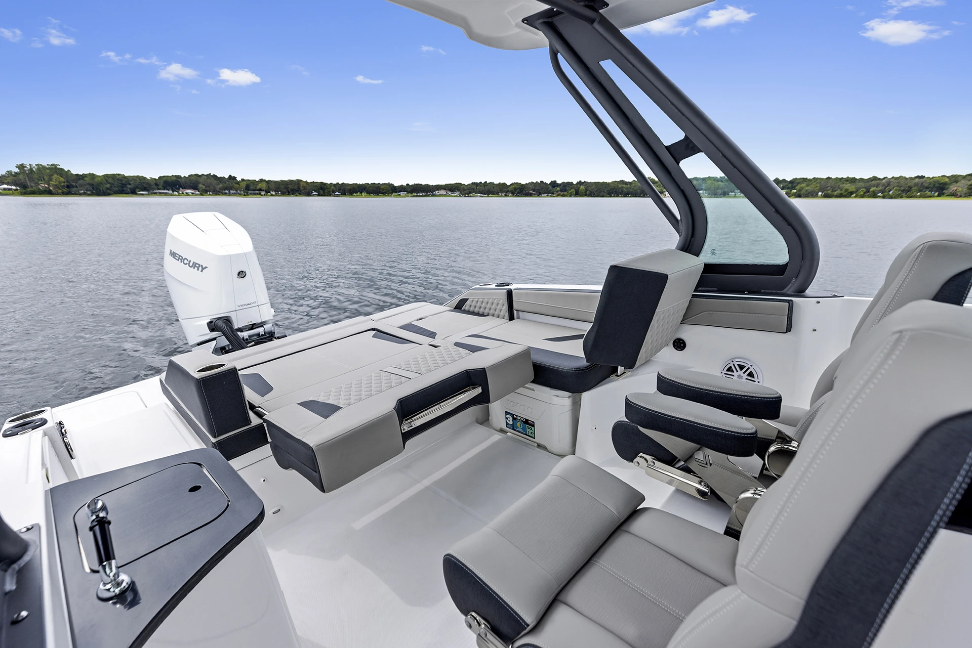 Cockpit seating and swim platform with Mercury outboard on the Monterey Elite 27 OB