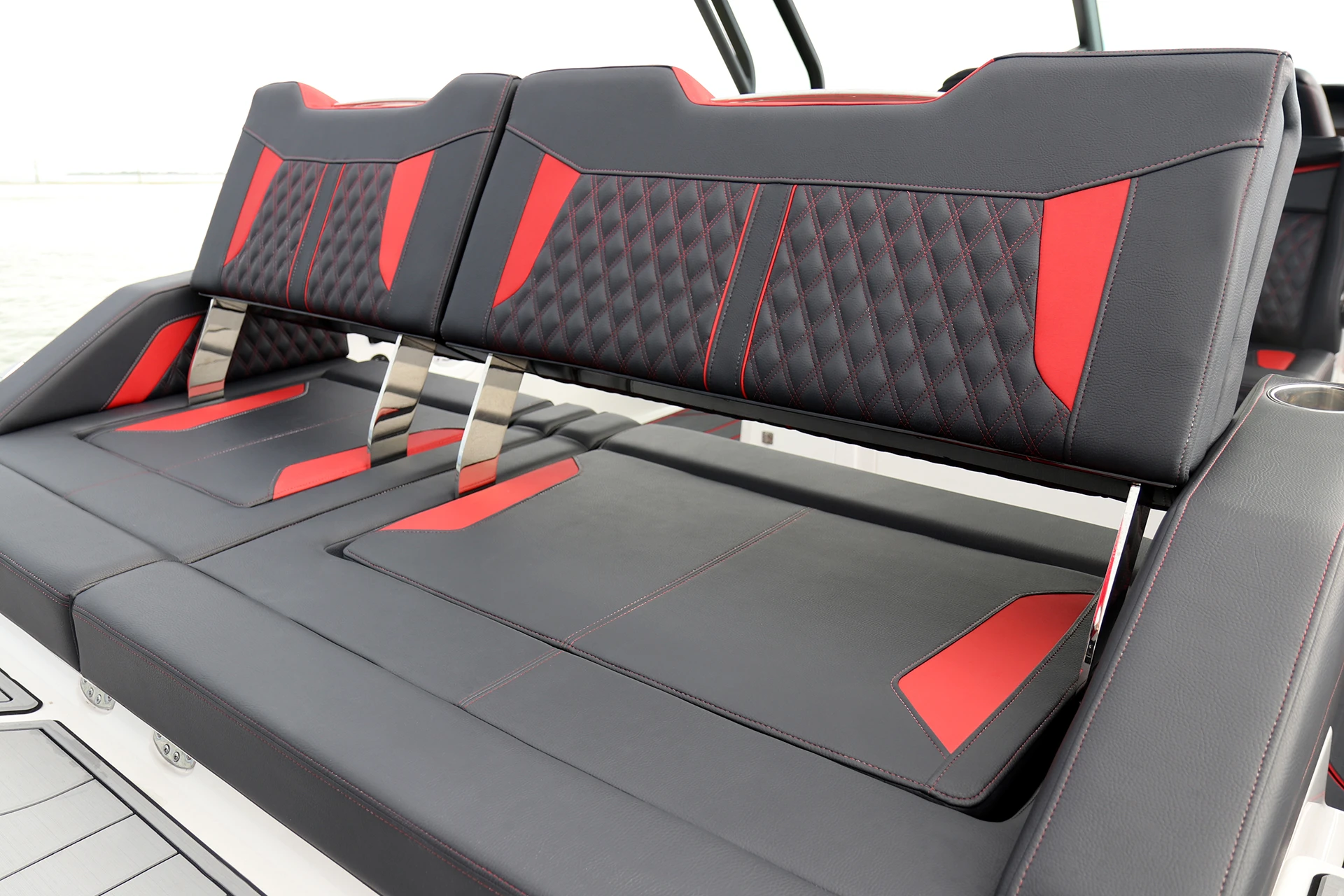 Convertible aft lounge seatbacks adjusted forward to create a large sun pad