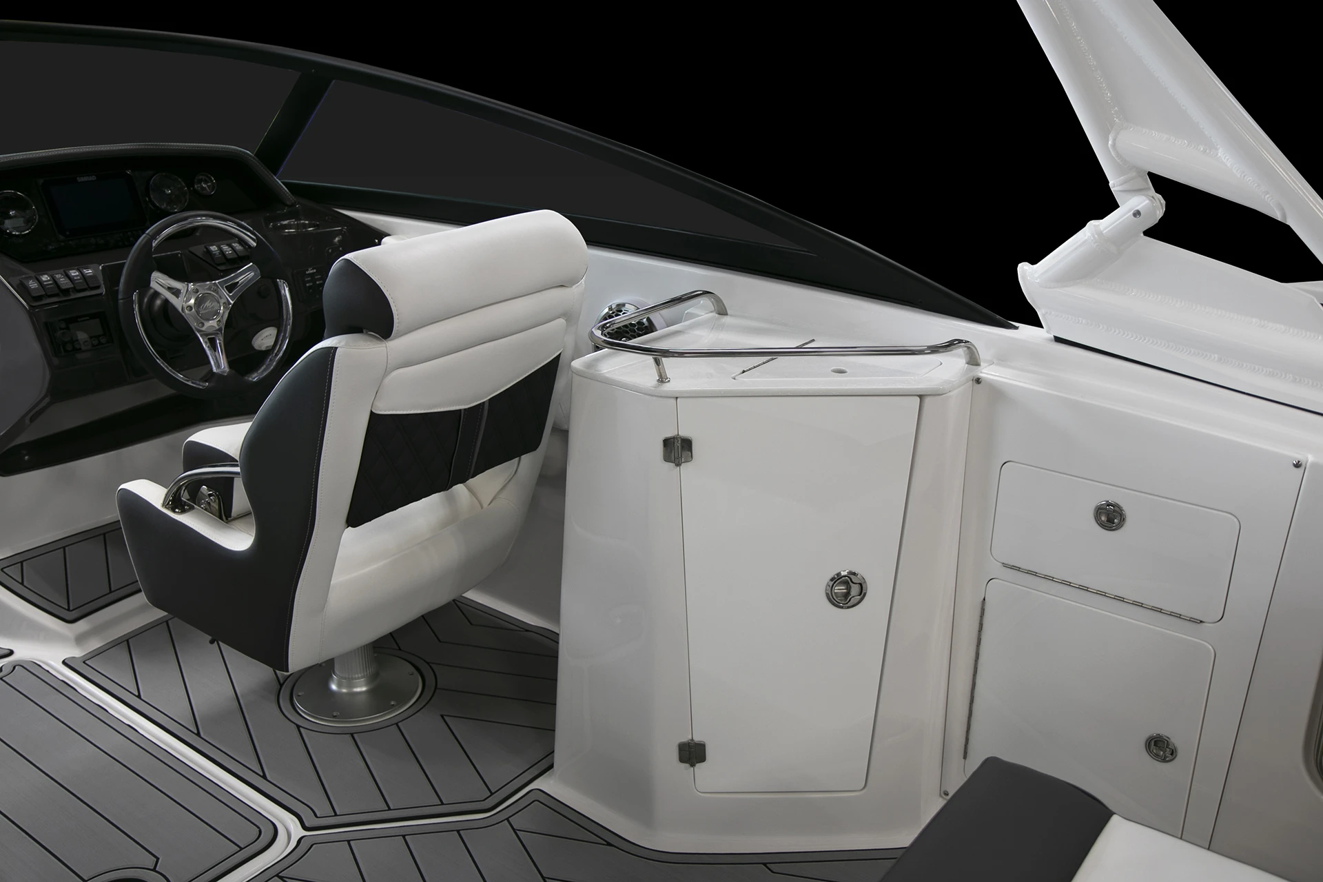 Starboard helm view with premium helm chair, stainless accents, and storage console on the M-45