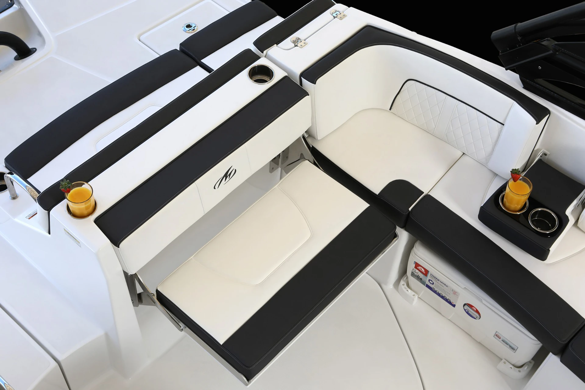 Convertible aft lounge seat partially extended for added comfort