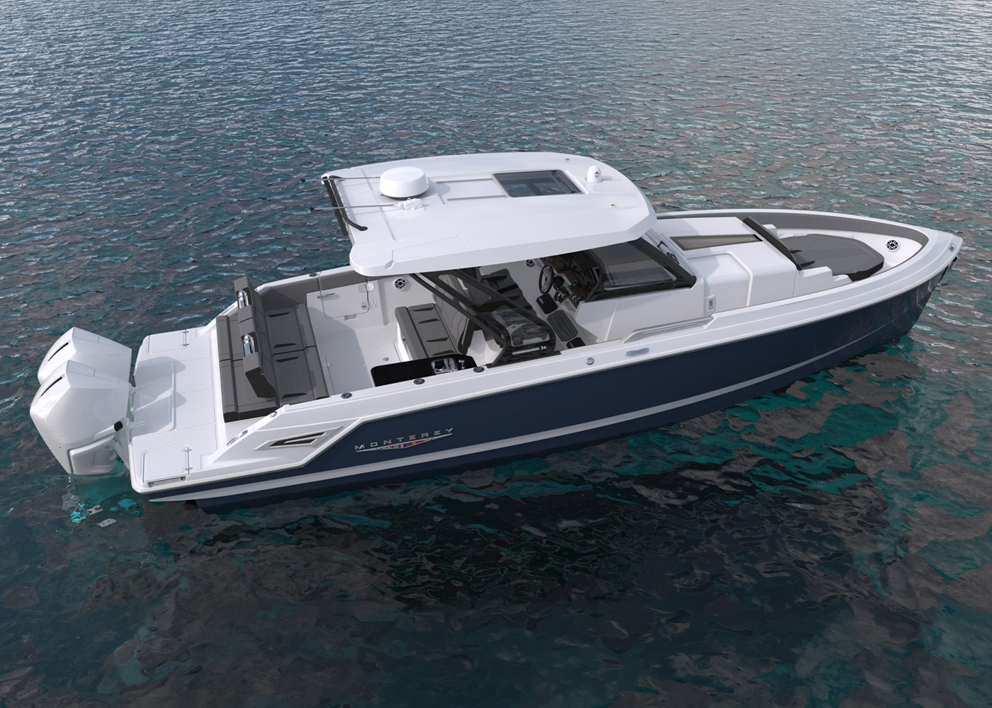 Monterey Elite 34 showcasing spacious cockpit, hardtop, and twin outboard power