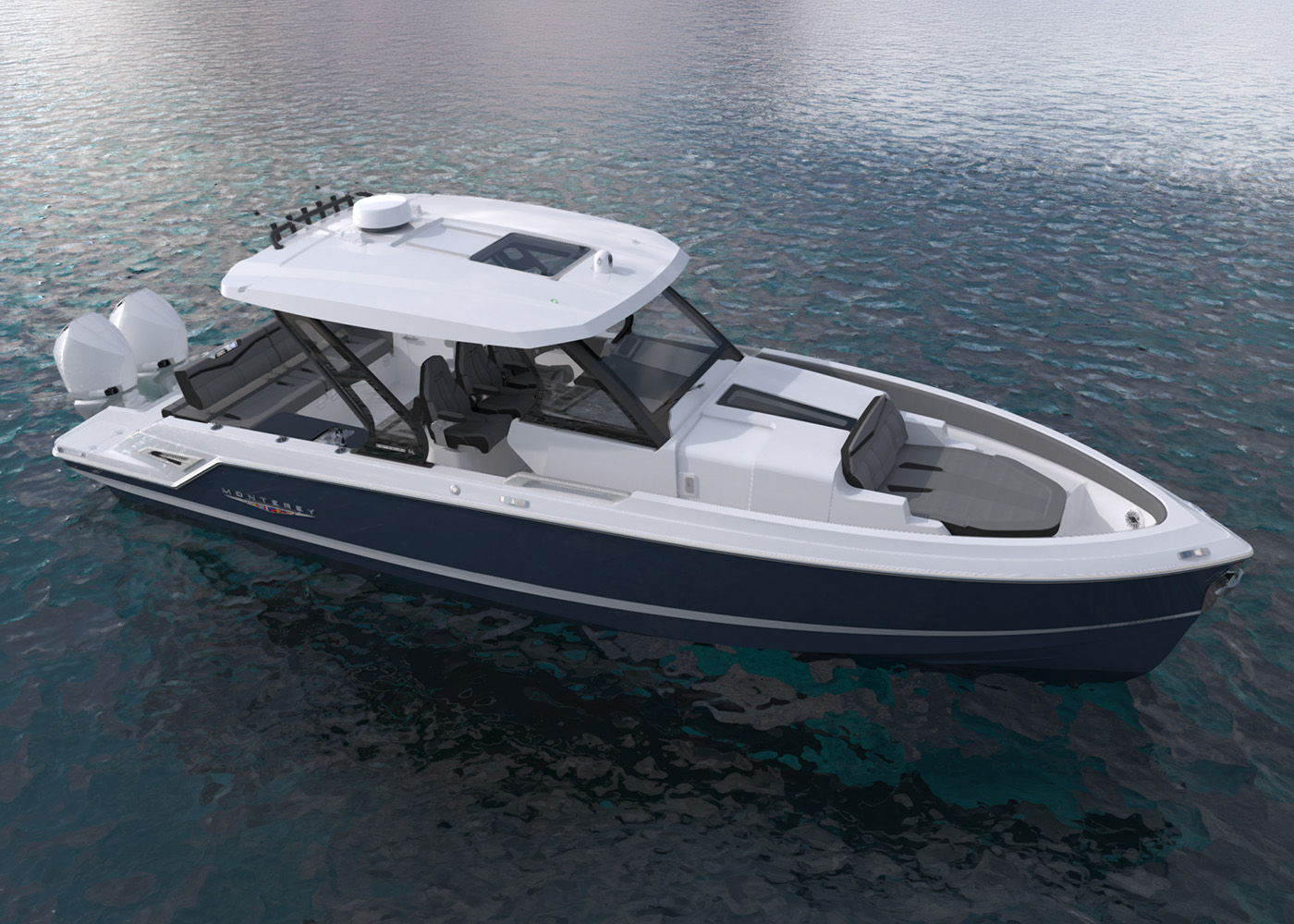 Monterey Elite 34 with enclosed helm, forward lounge, and twin outboards