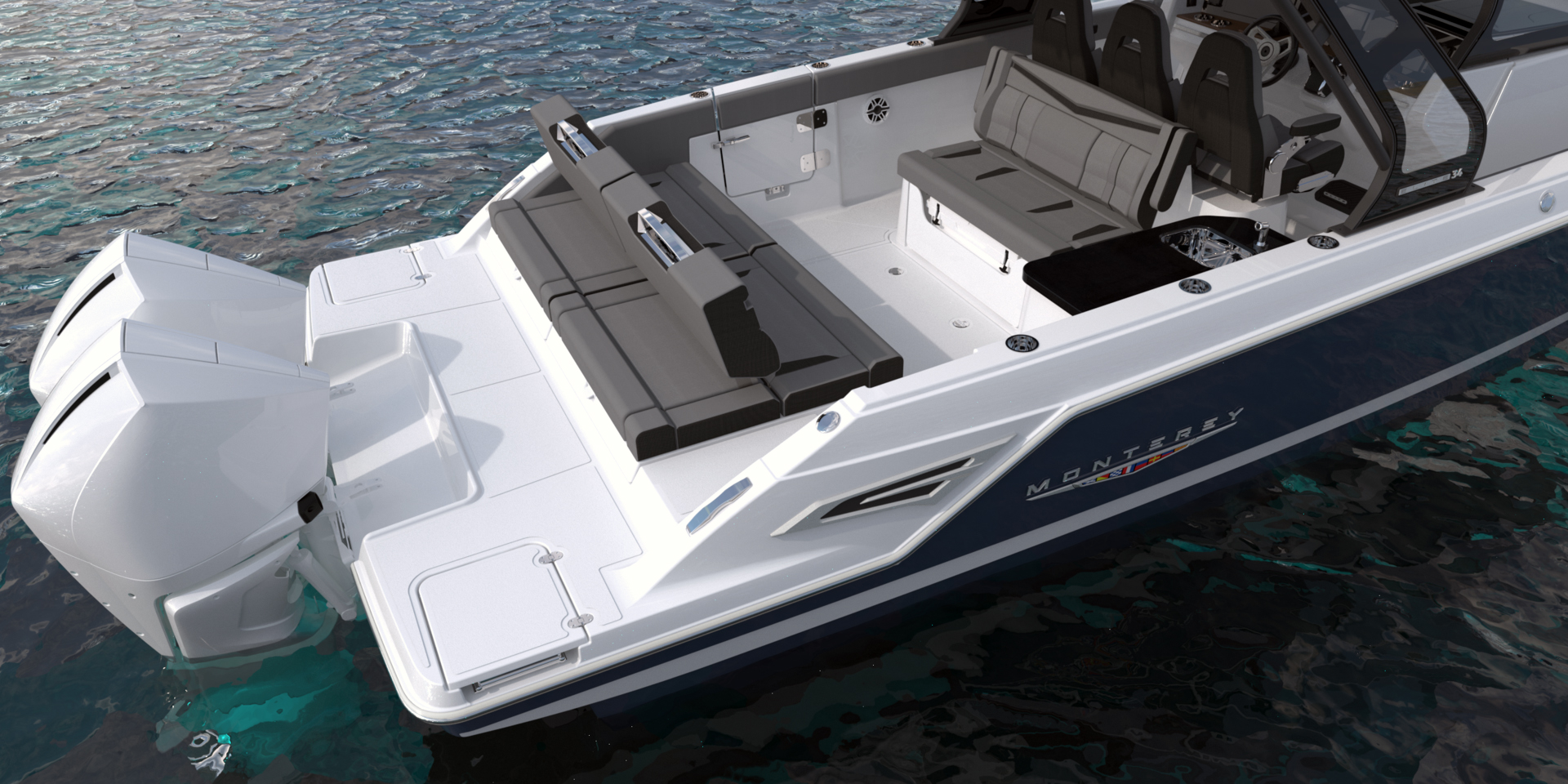 Monterey Elite 34 cockpit featuring convertible aft seating and outdoor galley