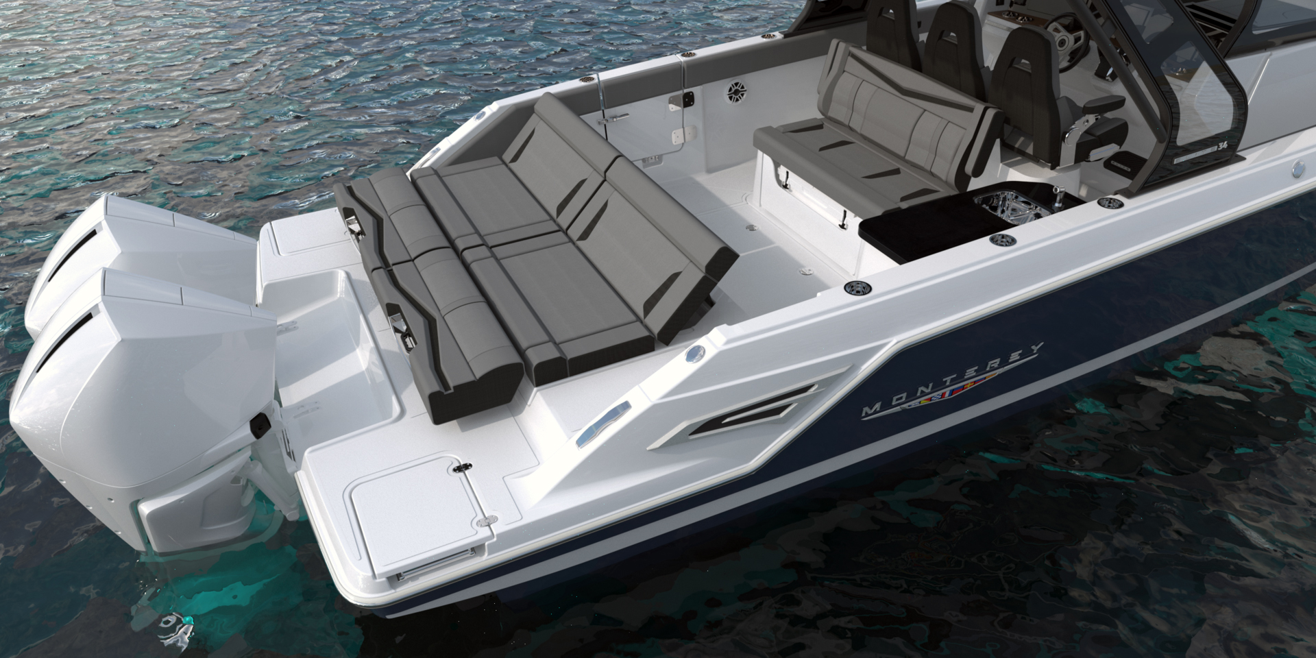 Convertible aft lounge in upright seating configuration aboard the Monterey Elite 34
