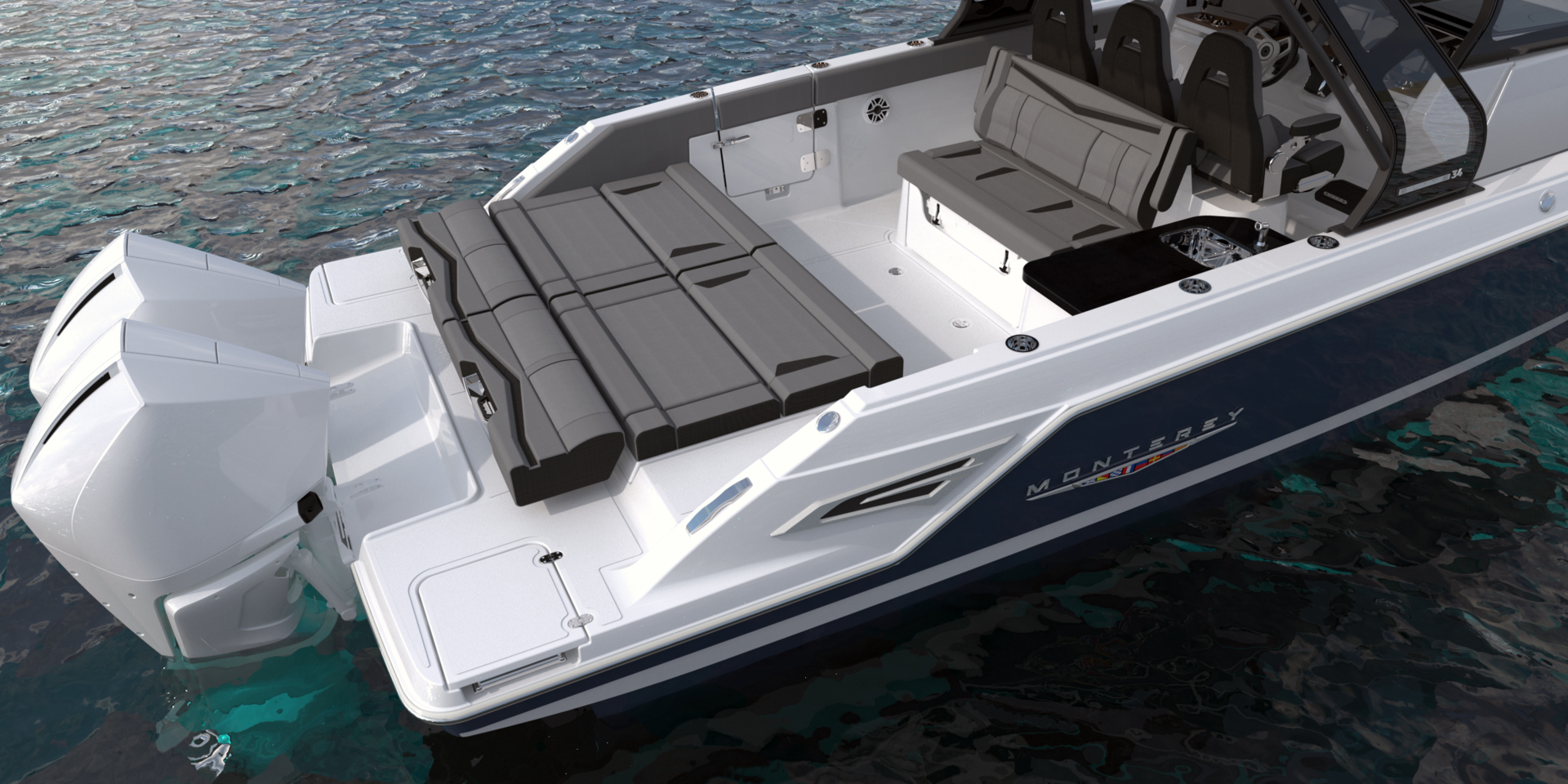 Convertible aft lounge folded into a full sun pad on the Monterey Elite 34