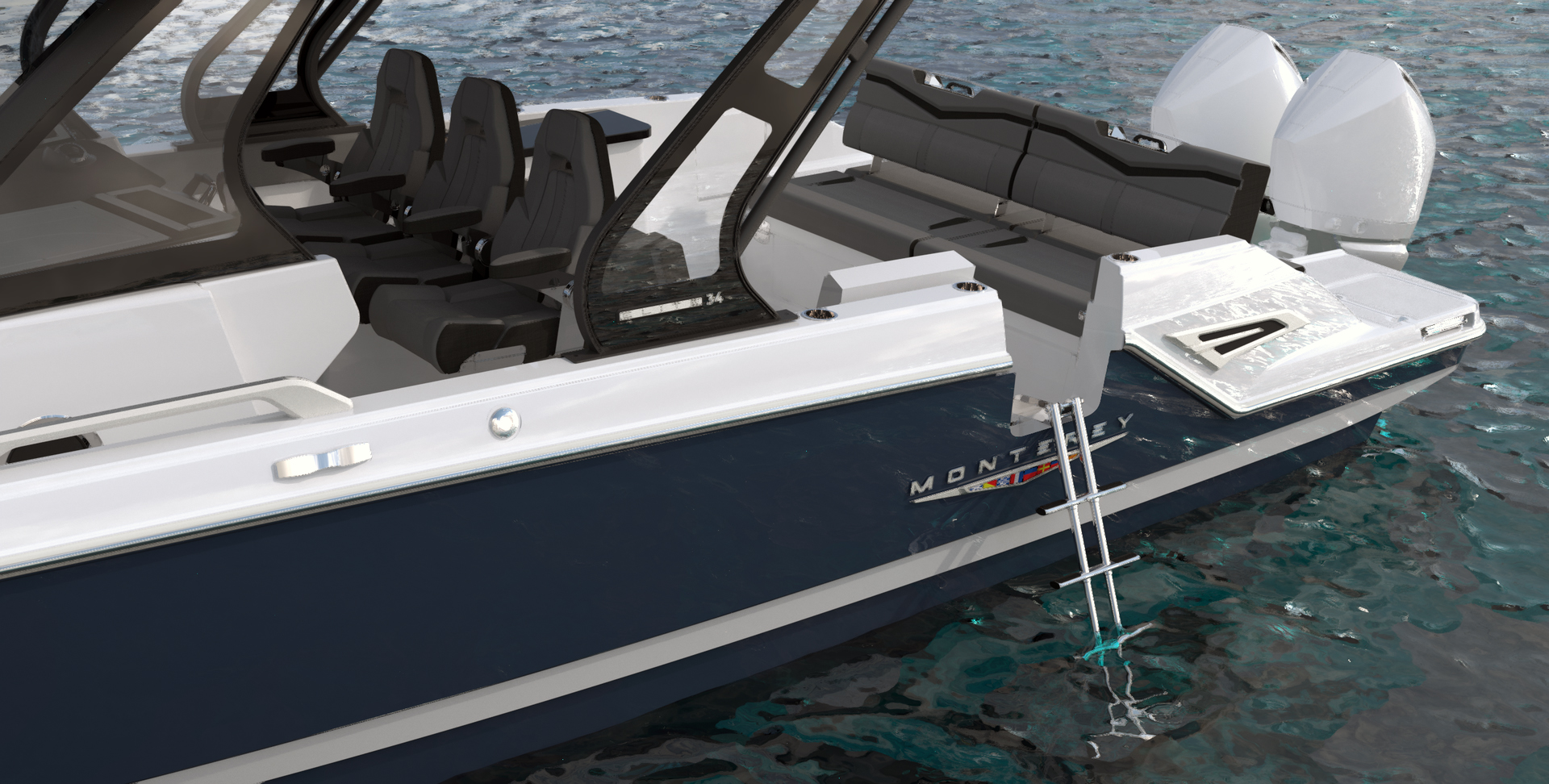 Monterey Elite 34 swim platform with boarding ladder and twin outboard engines