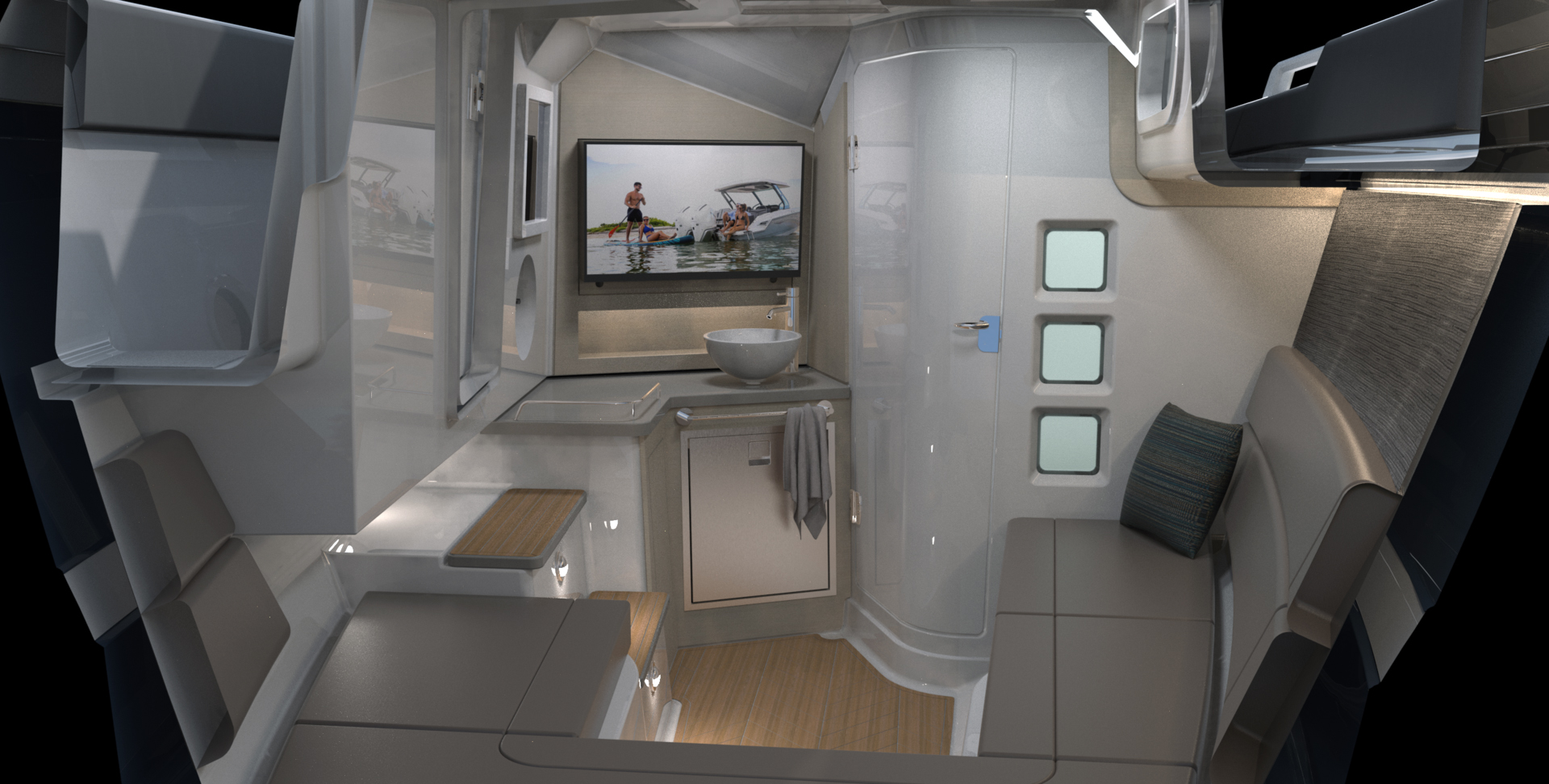Interior cabin aboard the Monterey Elite 34 with enclosed head, seating, and entertainment area