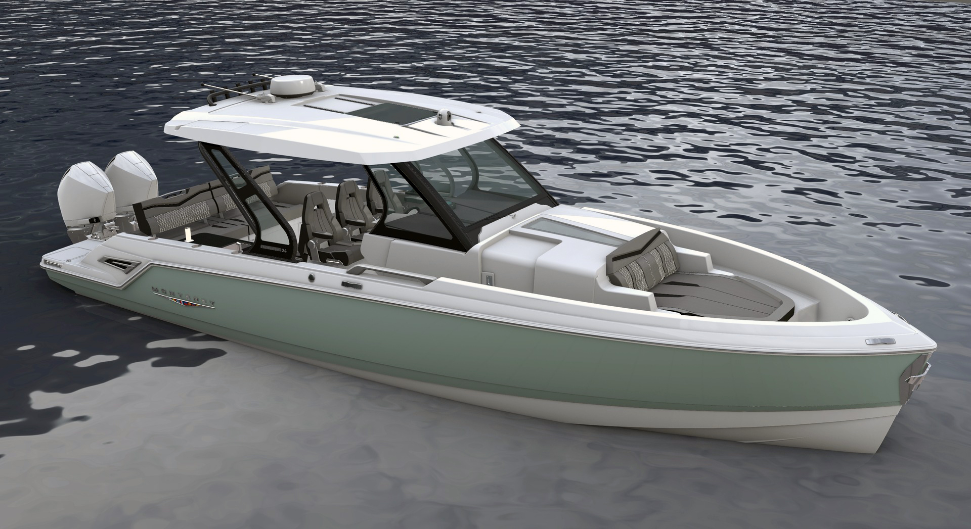 Monterey Elite 34 luxury outboard cruiser with hardtop underway on calm water